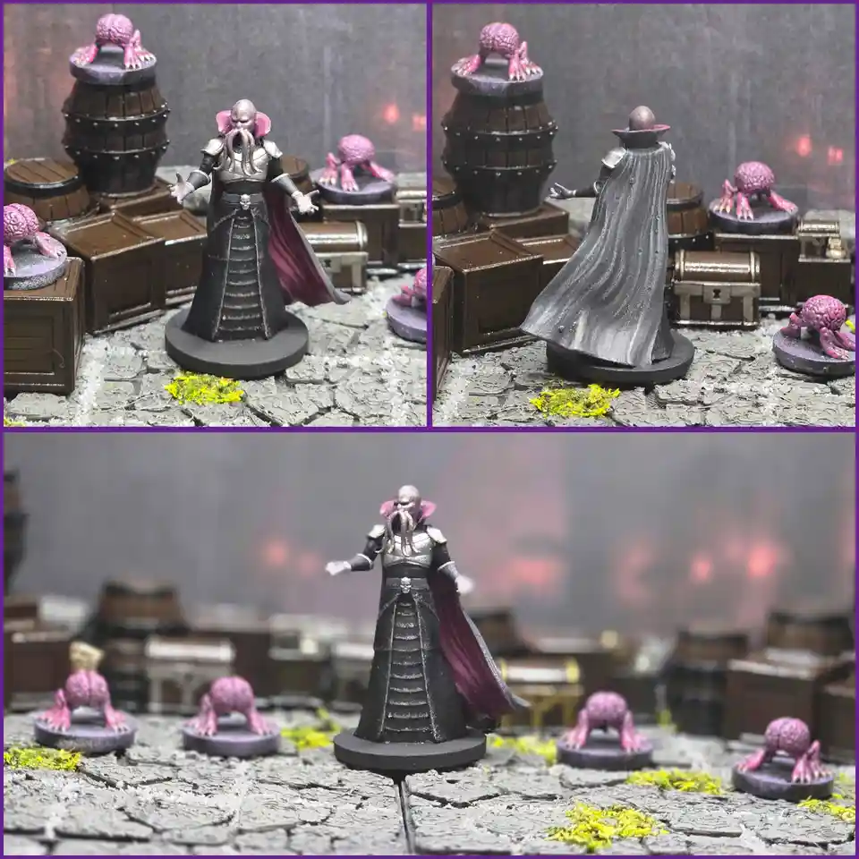 A three-panel image shows a tabletop miniature of a Cthulhu-like figure in a black robe and cape, surrounded by pink…