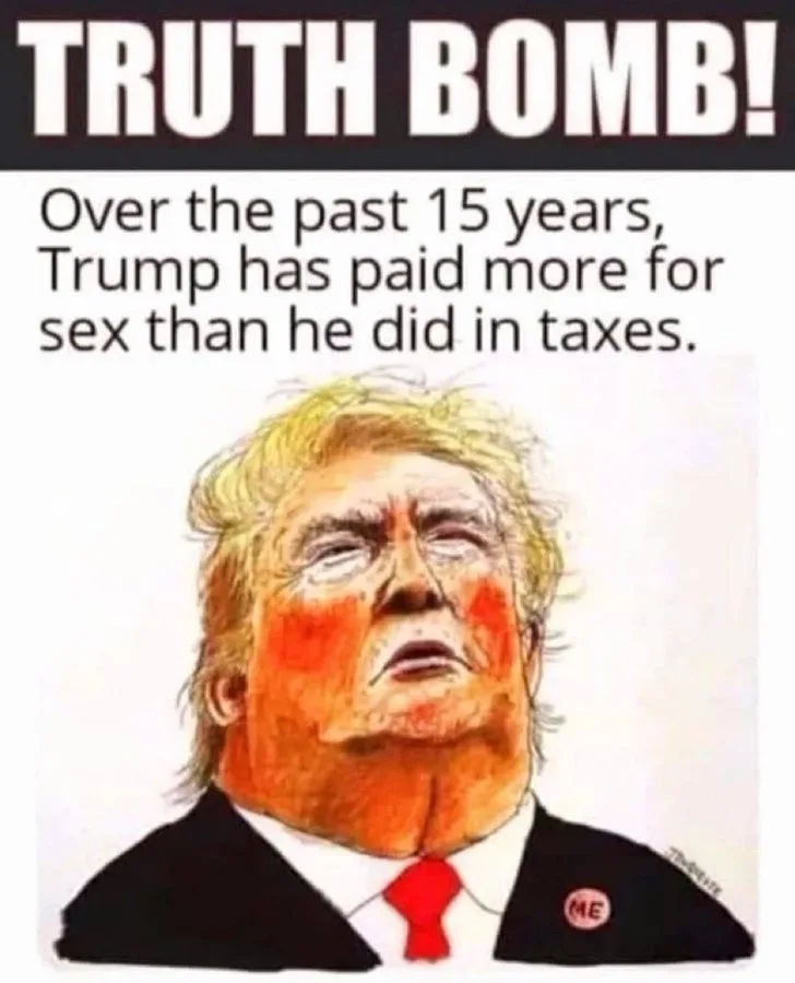 A cartoon drawing of Donald Trump with flushed cheeks and a slightly dazed expression, wearing a black suit, white shirt…