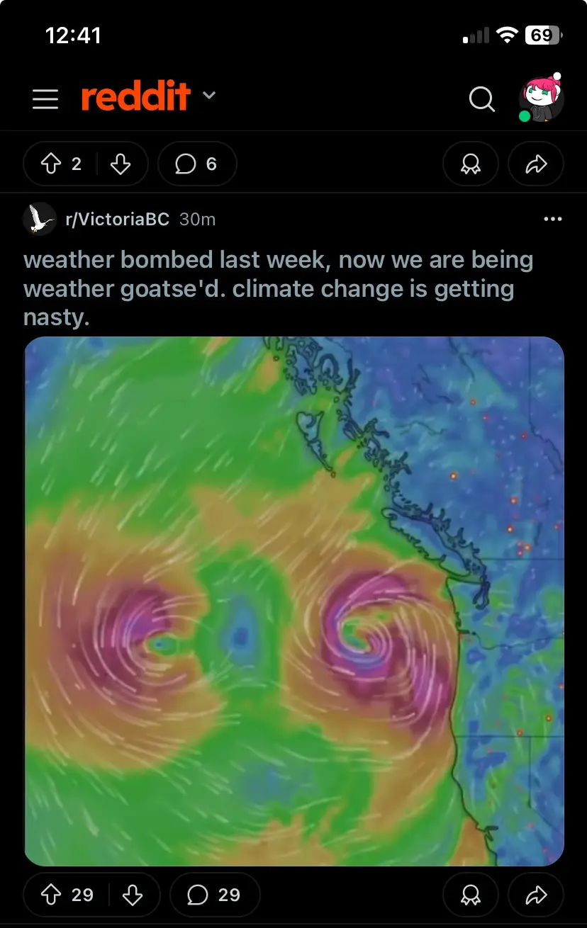 A weather map shows swirling storm systems over the Pacific Northwest coast, with the overlaid text humorously stating that…