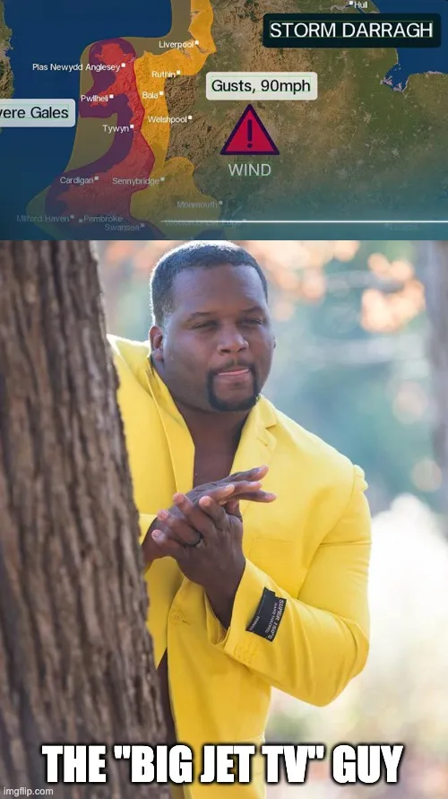 The image is a two-panel meme. The top panel shows a weather map of the UK with a red warning for 'STORM DARRAGH' indicating…