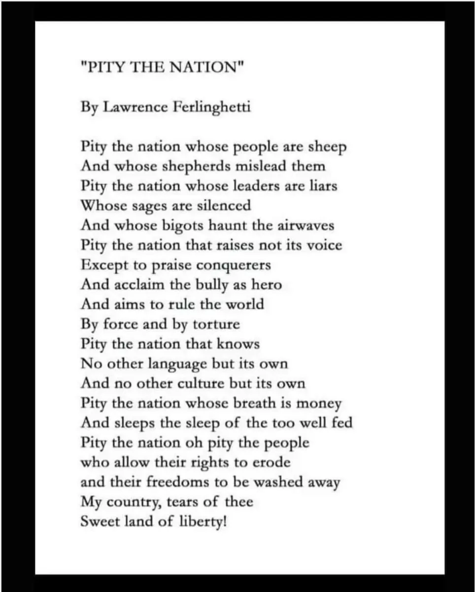 The image displays a poem titled 'PITY THE NATION' by Lawrence Ferlinghetti, printed in black text on a white background…