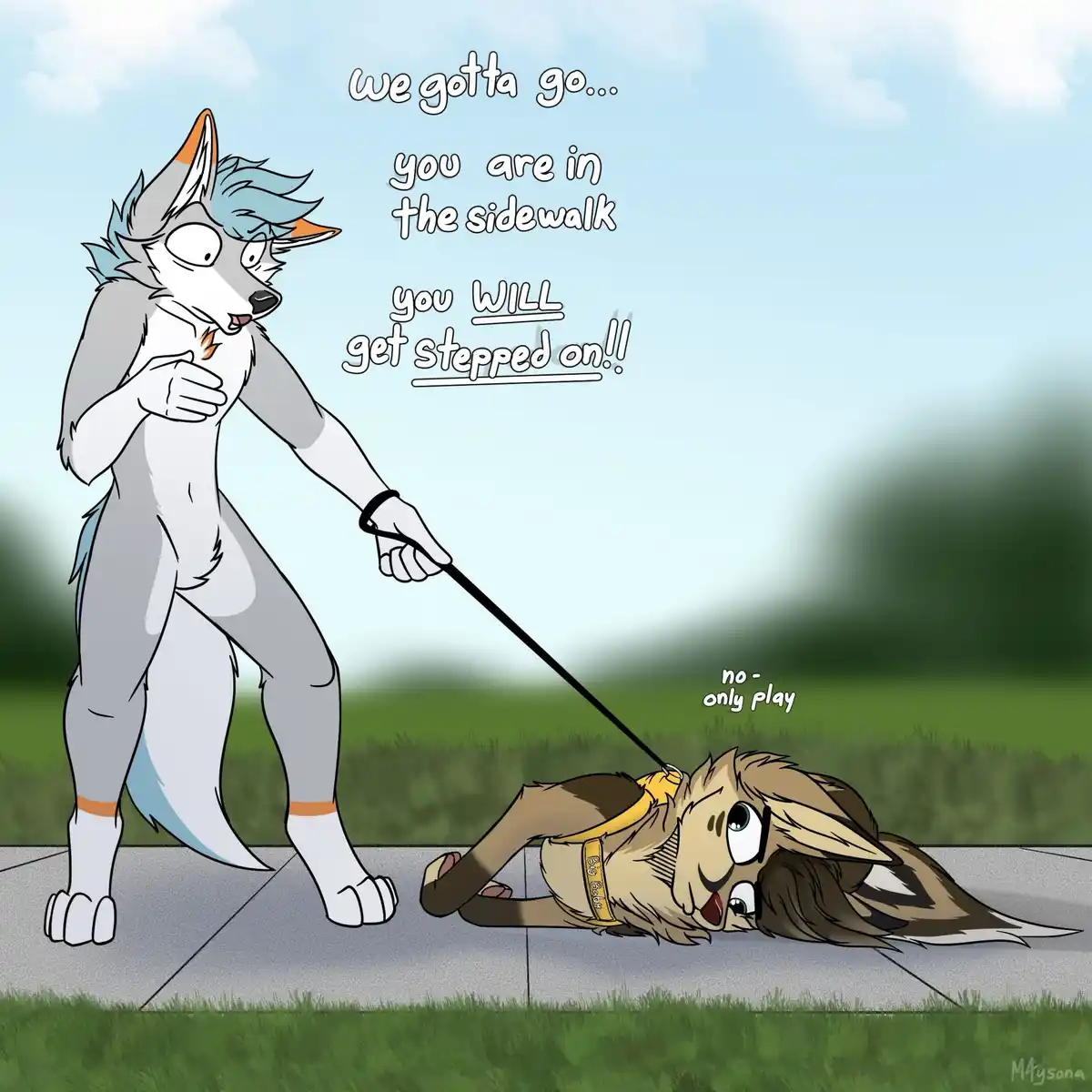 A cartoon anthropomorphic wolf with blue and gray fur stands on a sidewalk holding a leash attached to a smaller…