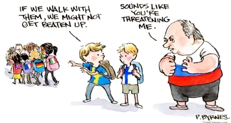 A cartoon depicts two boys in school uniforms with backpacks, one wearing a blue and yellow shirt and the other a white…