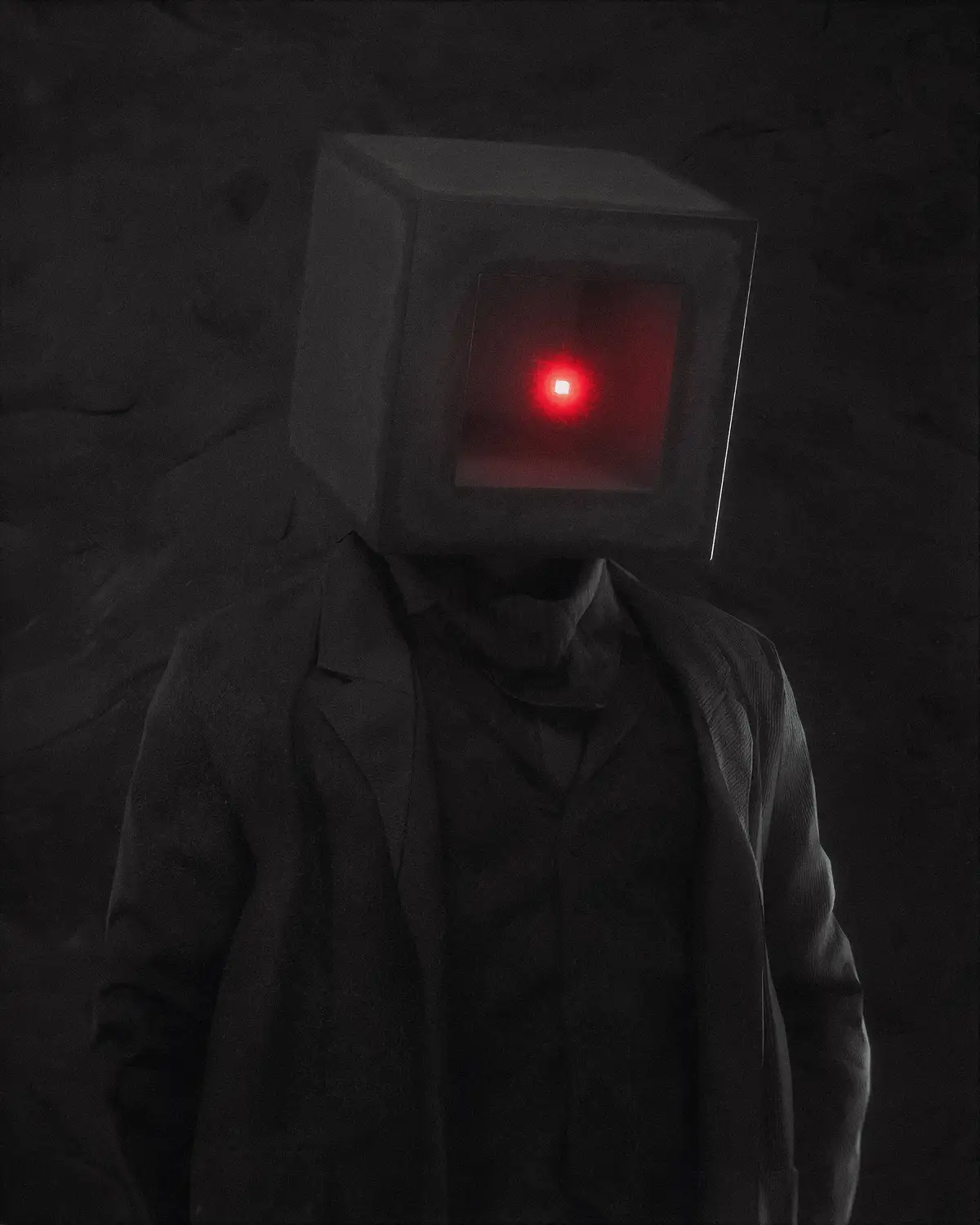 A person in a dark, shadowy setting wears a large, old-style computer monitor as a head, with a glowing red square screen…