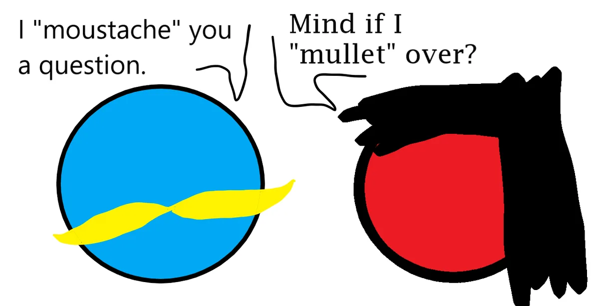 Two cartoon circles, one blue with a yellow mustache and one red with a black mullet hairstyle, are shown in conversation…