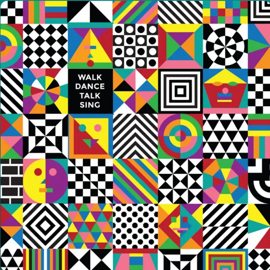 A colorful grid of geometric patterns and abstract shapes, including checkerboards, spirals, triangles, and stylized faces…