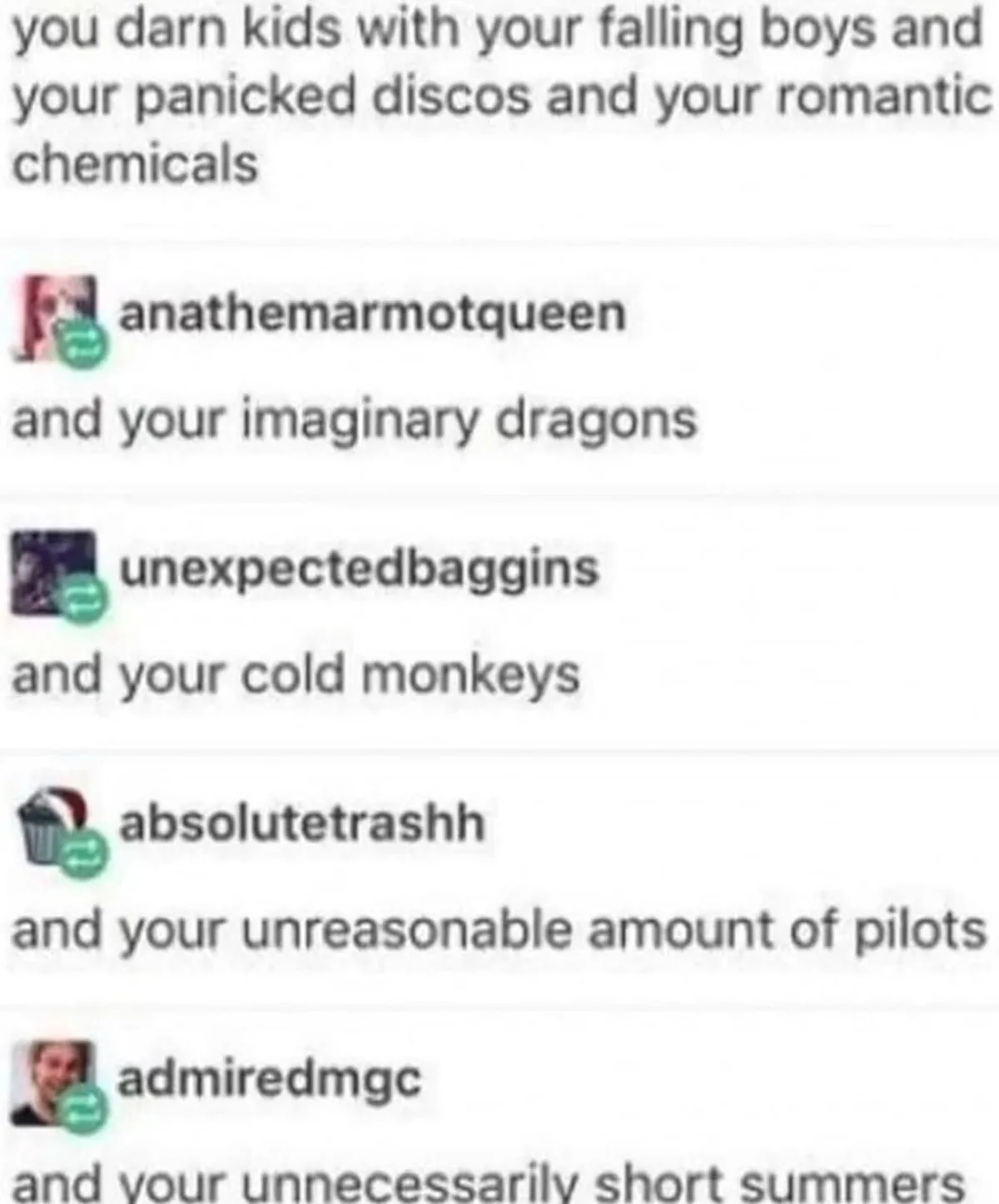 A screenshot of a social media comment thread where the top comment reads 'you darn kids with your falling boys and your…