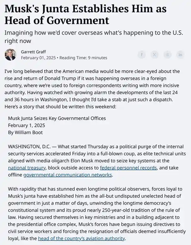 The image displays a satirical news article titled 'Musk's Junta Establishes Him as Head of Government,' written by Garrett…