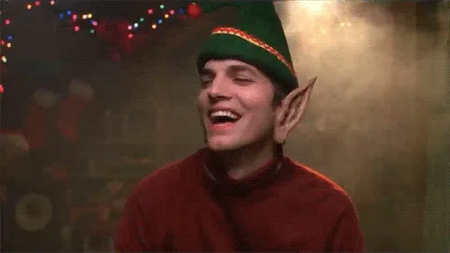 A six-panel image sequence shows actor Zachary Levi as the character Buddy the Elf from the movie 'Elf,' wearing a green elf…