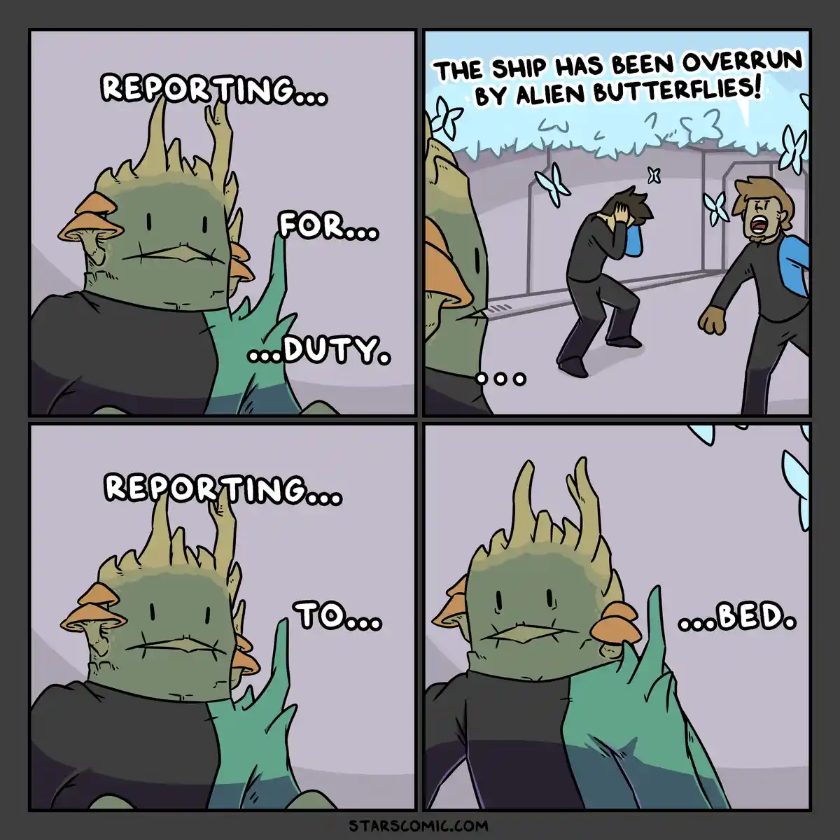 A four-panel comic shows a green-skinned alien officer reporting for duty, then reporting to bed after witnessing crewmates…
