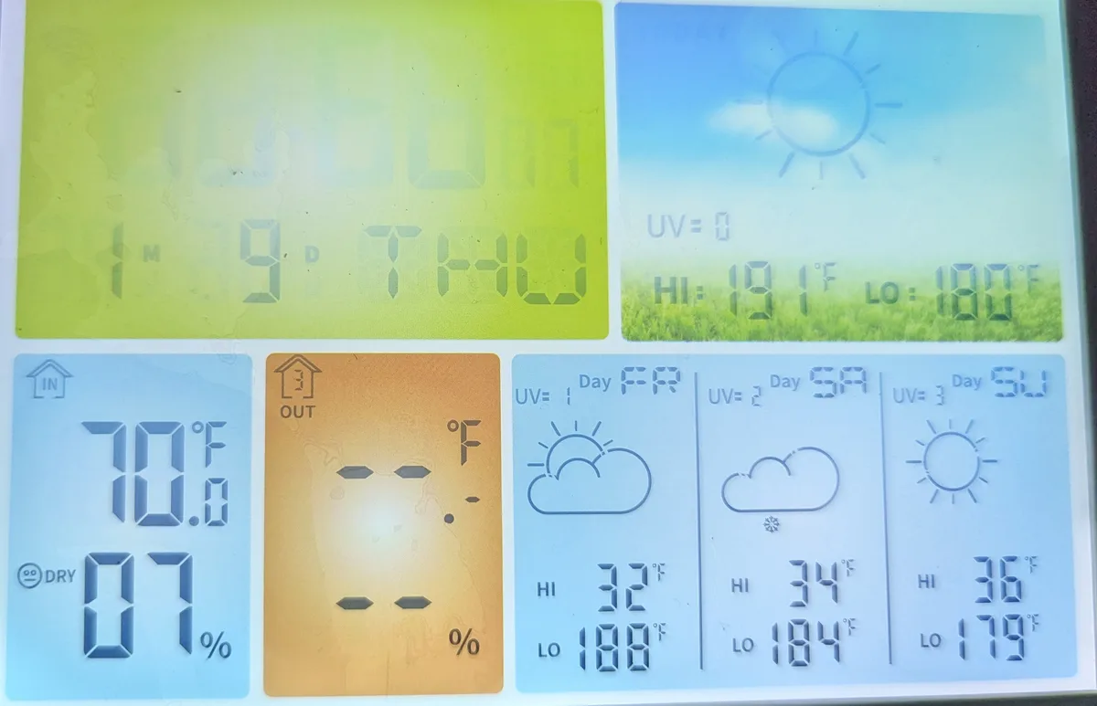 A digital weather station screen displays indoor and outdoor temperature and humidity, plus a 3-day forecast. The outdoor…