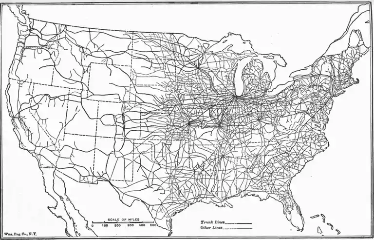 A black-and-white historical map of the United States showing a dense, chaotic network of lines representing railroad or…