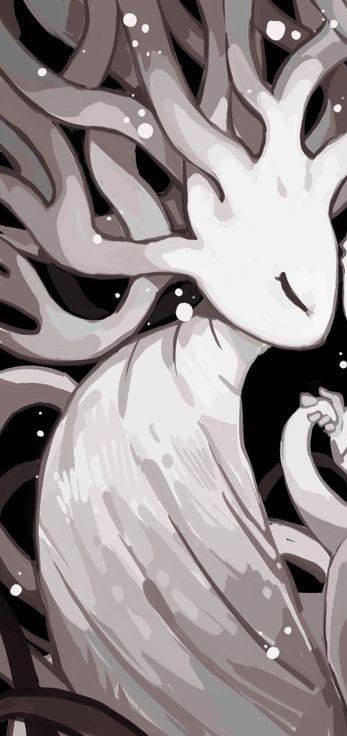 A grayscale illustration of a serene, deer-like creature with antlers made of swirling branches and glowing orbs, looking…