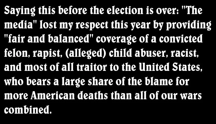 A black background with white text that reads a statement criticizing the media for covering a specific political figure…