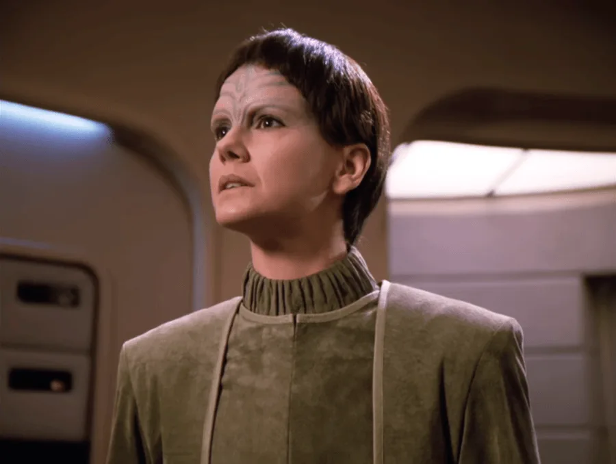 A six-panel meme featuring the character Tasha Yar from Star Trek: The Next Generation, shown in three identical frames in…