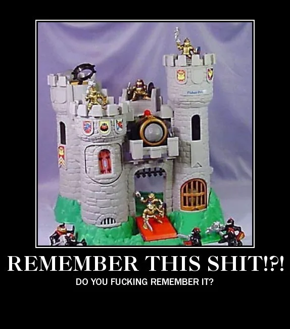 A plastic toy castle with multiple towers, a central gate, and small knight figurines positioned on top and around the base…