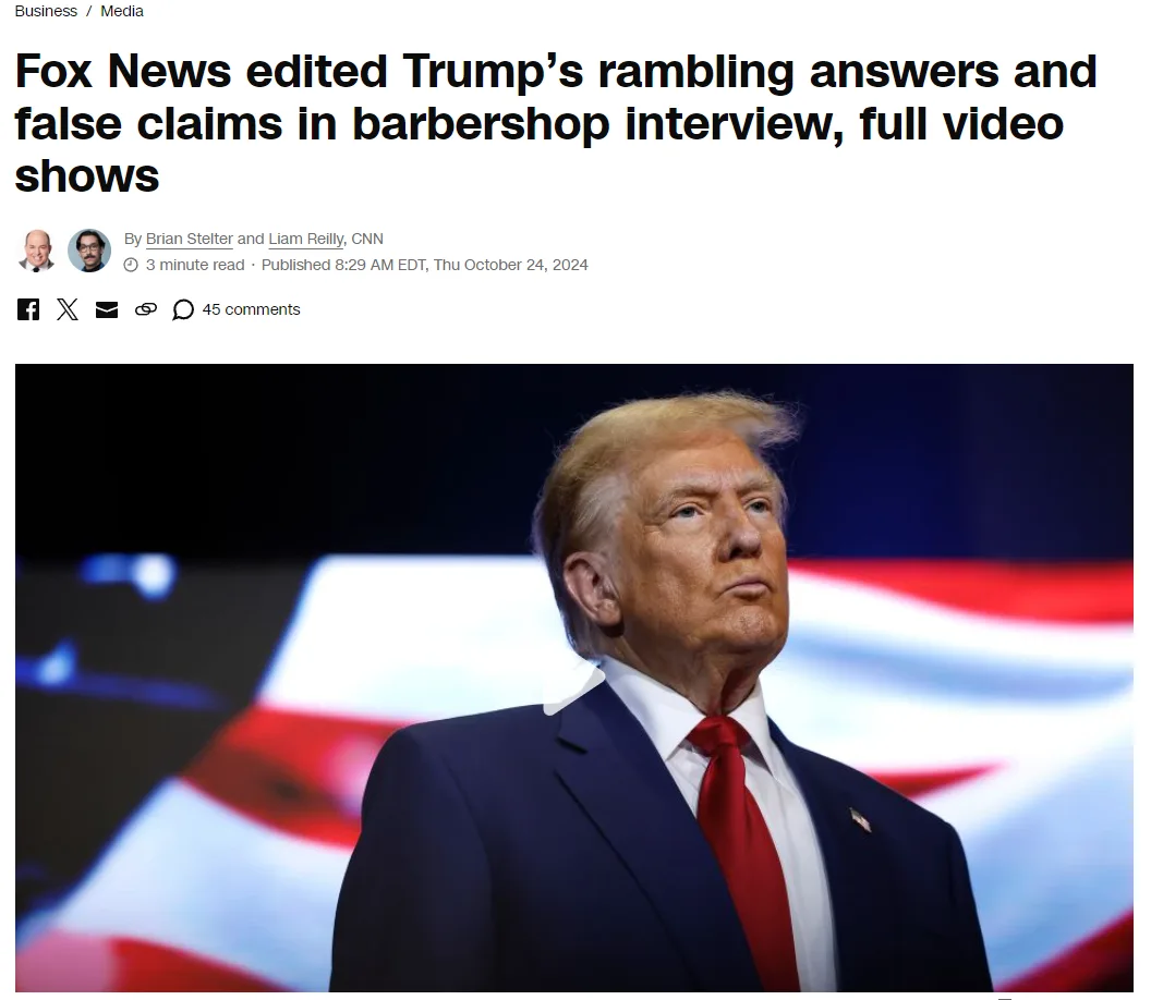 A screenshot of a CNN news article headline about Fox News editing Trump's interview. The image shows Donald Trump in a dark…