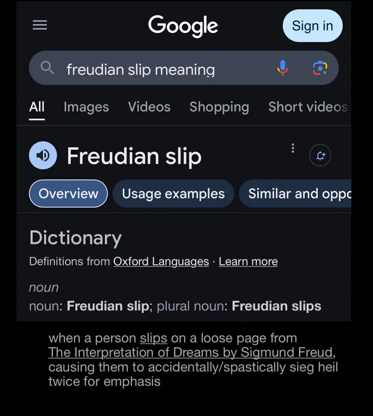 A screenshot of a Google search result for 'freudian slip meaning' shows the dictionary definition from Oxford Languages…