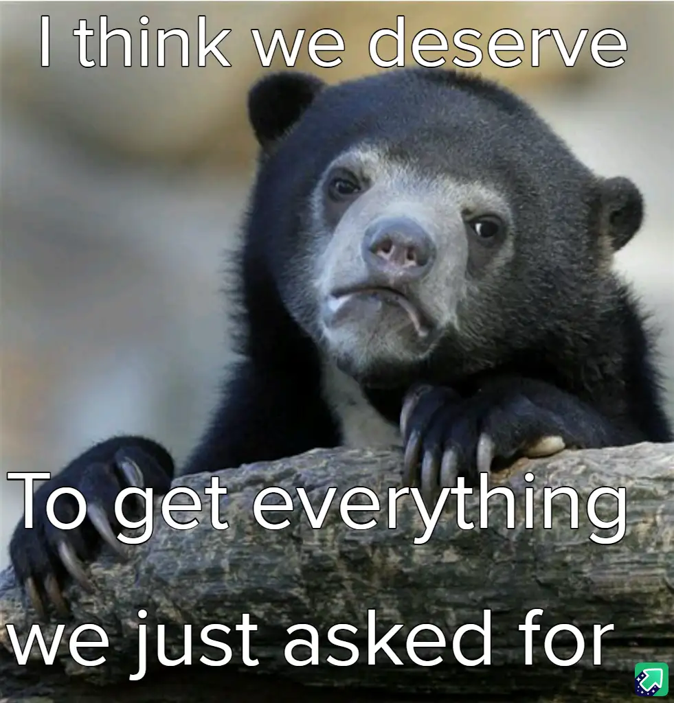 A close-up photo of a sad-looking spectacled bear resting its paws on a log, with white text overlaid in three lines reading…