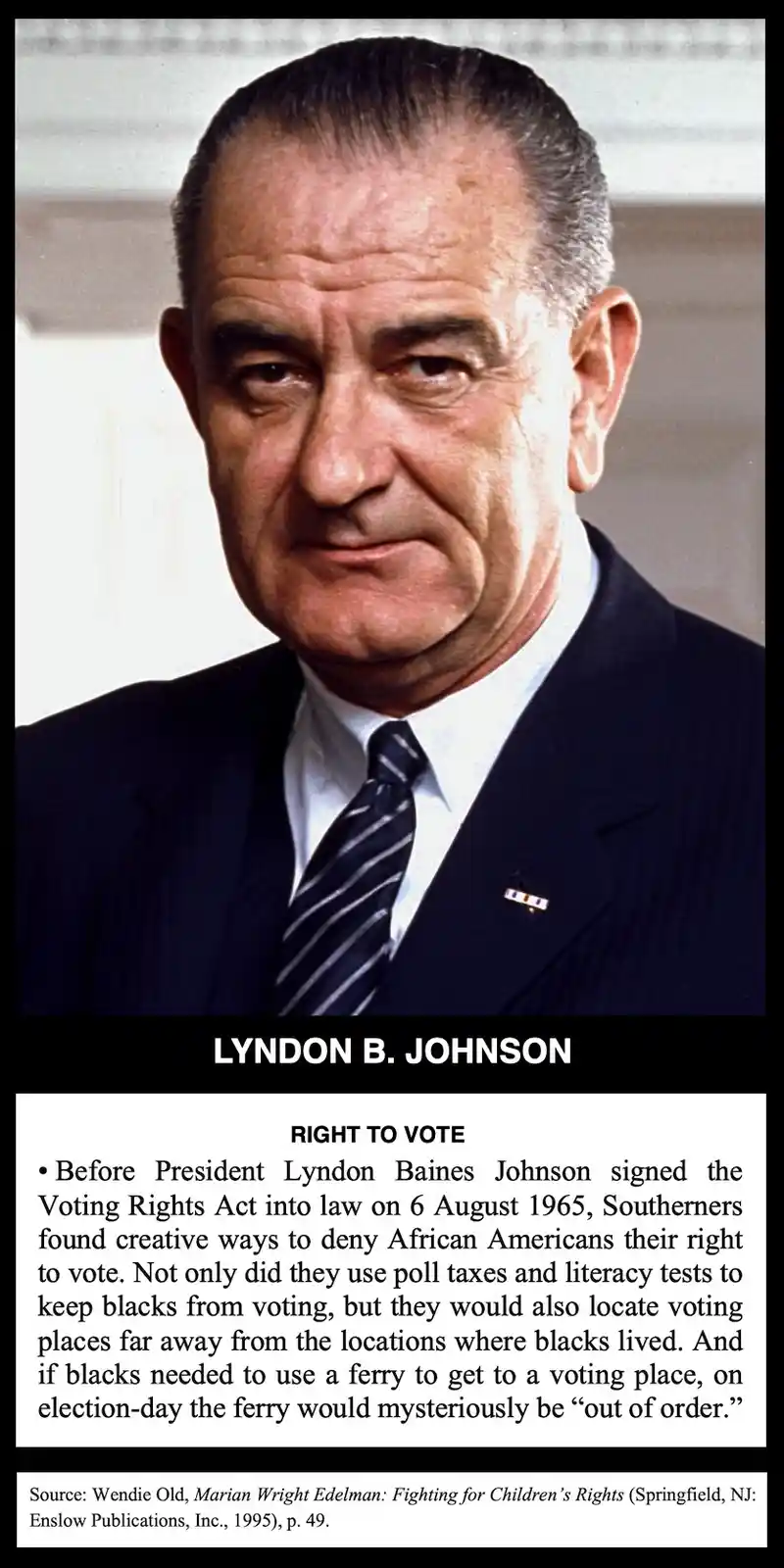 A formal portrait of Lyndon B. Johnson, the 36th president of the United States, is overlaid with text detailing historical…
