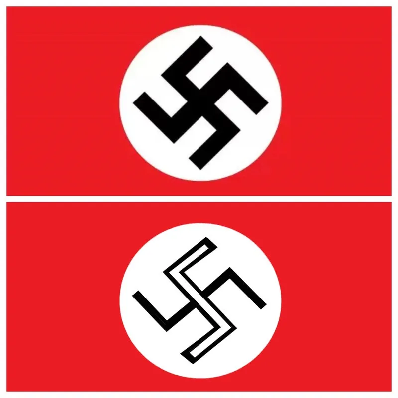 The image displays two identical red flags with white circles and black swastikas, one above the other. The top swastika is…
