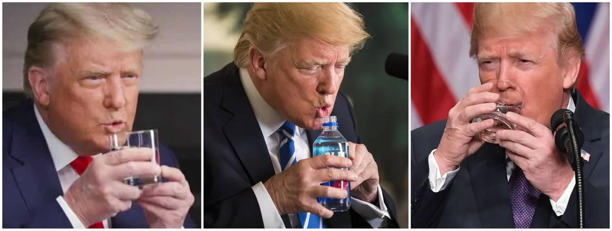 A triptych of Donald Trump drinking water in different settings: first from a glass, then from a bottle, then from a glass…
