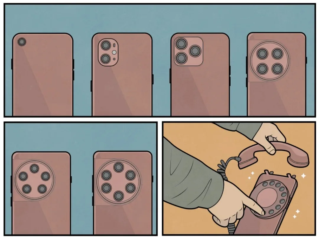 A comic strip shows a progression of smartphones with increasingly complex camera arrays, culminating in a person using a…