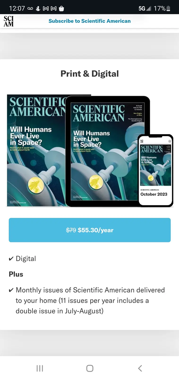 A screenshot of a Scientific American magazine subscription page showing the October 2023 issue displayed on a print…