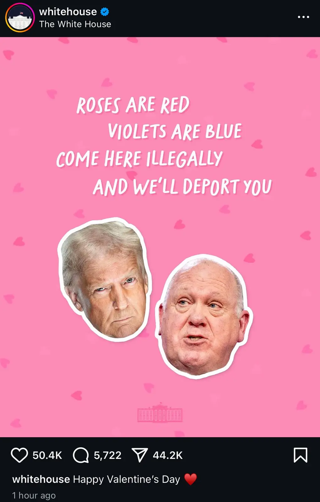 A pink Valentine's Day themed image with scattered hearts features the faces of Donald Trump and Mike Pompeo. Overlaid text…