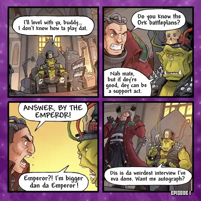 A four-panel comic strip featuring a green-skinned Ork and a human-like character in a red coat. The Ork, sitting in a…