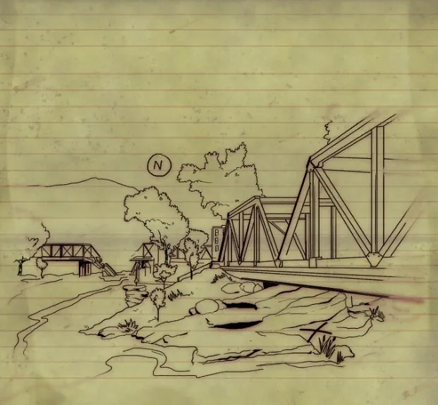 A hand-drawn sketch on lined notebook paper depicts a landscape with two bridges over a river, trees, and hills. A compass…
