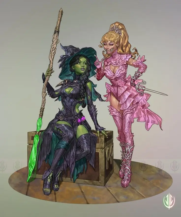 Two fantasy characters are depicted: one is a green-skinned witch with a large hat and staff, sitting on a chest, while the…