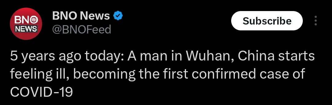 A screenshot of a BNO News Twitter post with a black background, white text, and the BNO News logo. The text reads '5 years…