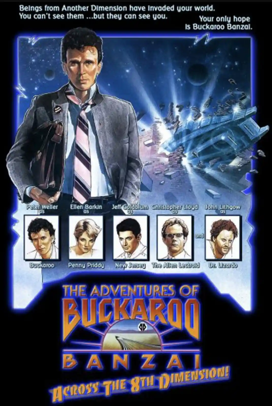 This is a movie poster for 'The Adventures of Buckaroo Banzai Across the 8th Dimension!' featuring a man in a suit holding a…