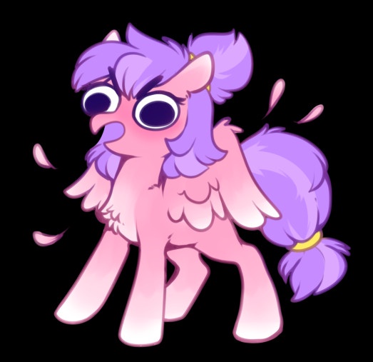A cartoon pink pony with purple mane and tail, wide eyes, and a tearful expression, with pink tear drops flying around it…