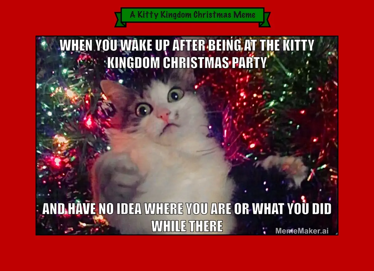 A white and gray cat with wide, startled eyes is positioned in front of a decorated Christmas tree with colorful lights and…