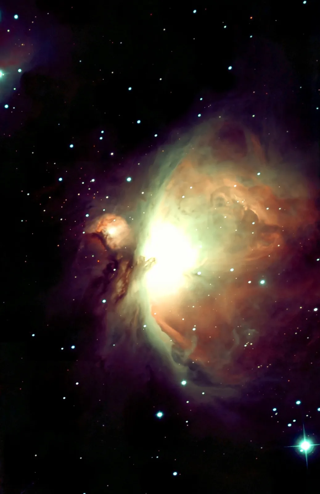 A cosmic nebula image with swirling clouds of gas and dust in orange, purple, and white, illuminated by bright stars against…
