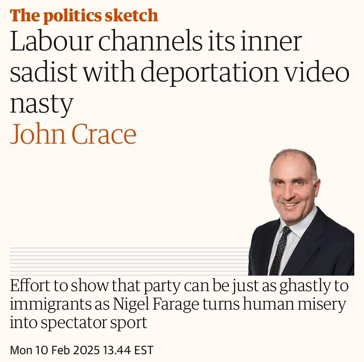 A newspaper article headline reads 'Labour channels its inner sadist with deportation video nasty John Crace' above a photo…