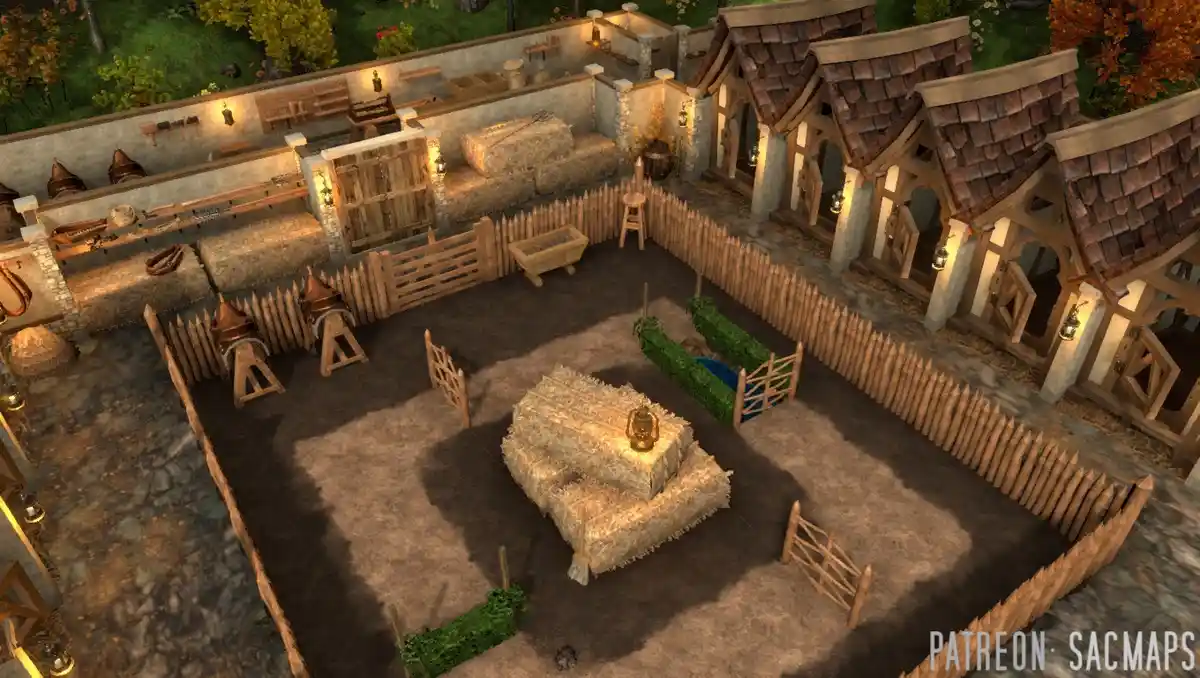 An overhead view of a medieval-style village courtyard with wooden fences, hay bales, and rustic buildings, overlaid with…