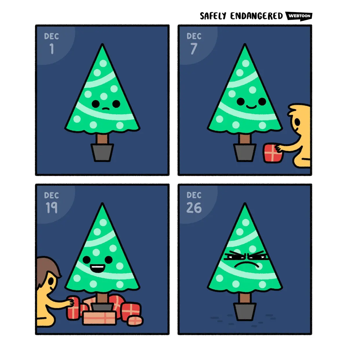 A four-panel comic strip from 'Safely Endangered' by Webtoon shows a cartoon Christmas tree's emotional journey. On Dec 1…
