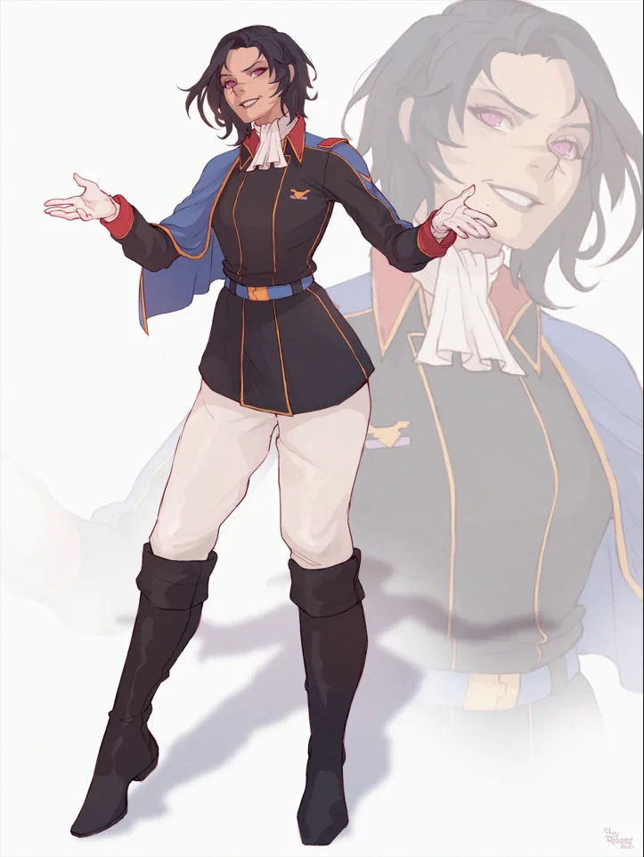 An anime-style illustration of a character with dark hair and purple eyes, wearing a black and blue uniform with white pants…