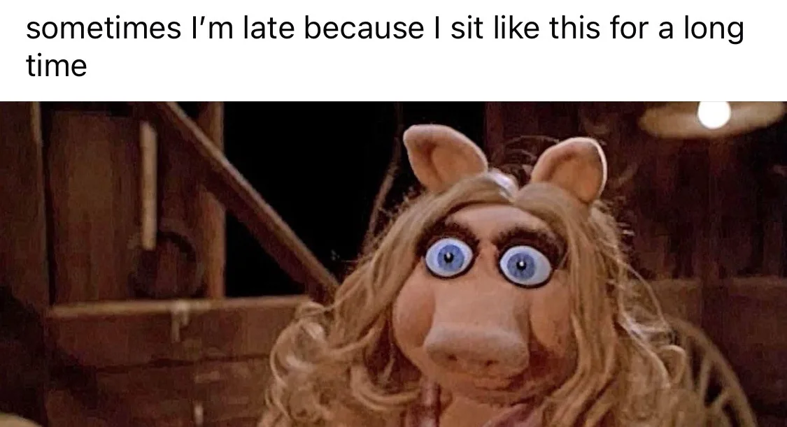 The image shows Miss Piggy from The Muppets with wide, startled blue eyes and a slightly open mouth, looking directly at the…