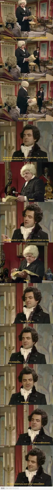 A meme strip from the BBC series 'Blackadder' showing a character in 18th-century attire presenting a book to another…