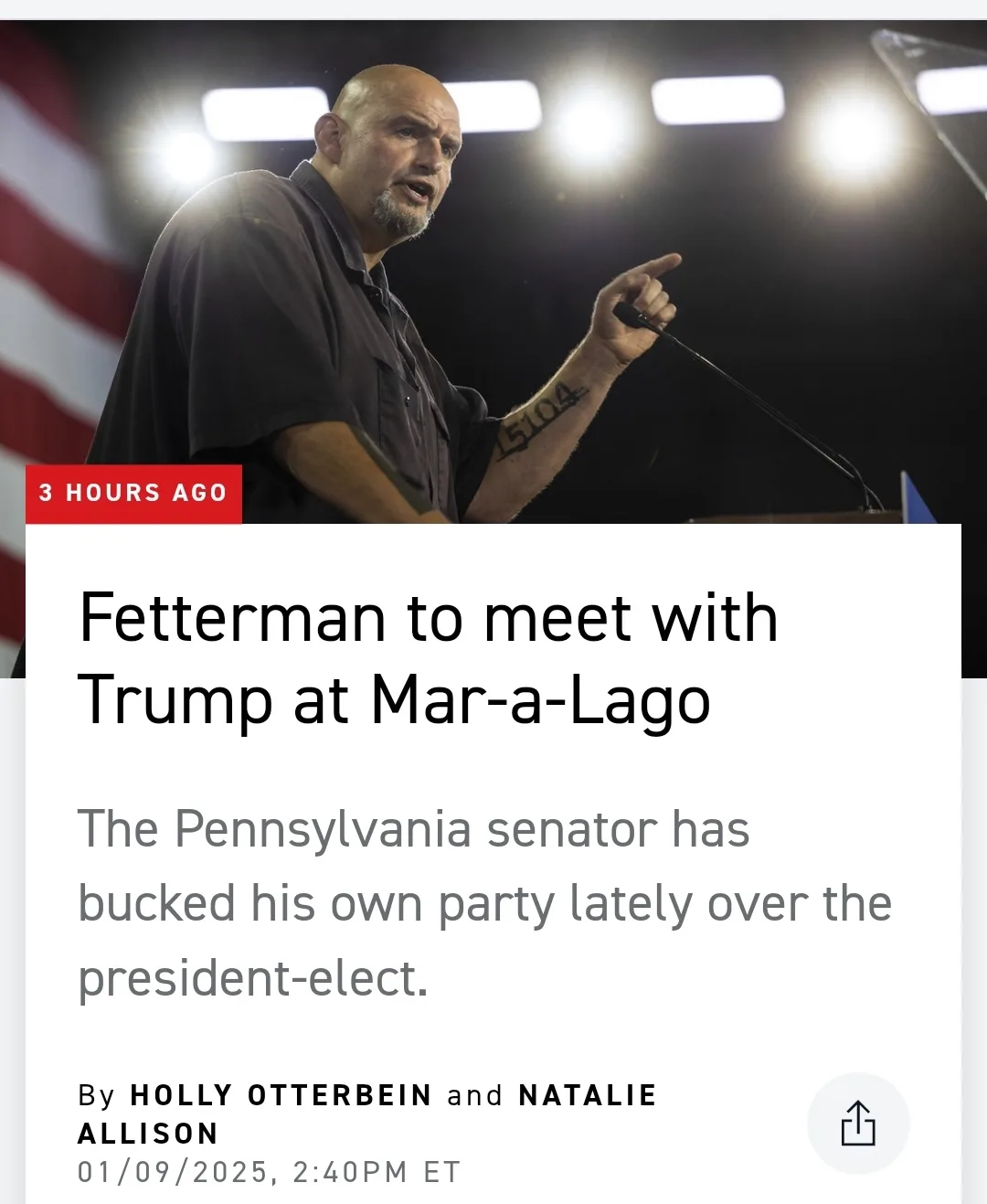 A news article overlay shows a headline about Senator Fetterman meeting Trump at Mar-a-Lago, with a photo of a bald man with…