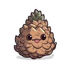 A cute, cartoon-style pinecone with large, round, black eyes, a small pink smiling mouth, and green scales on top, set…