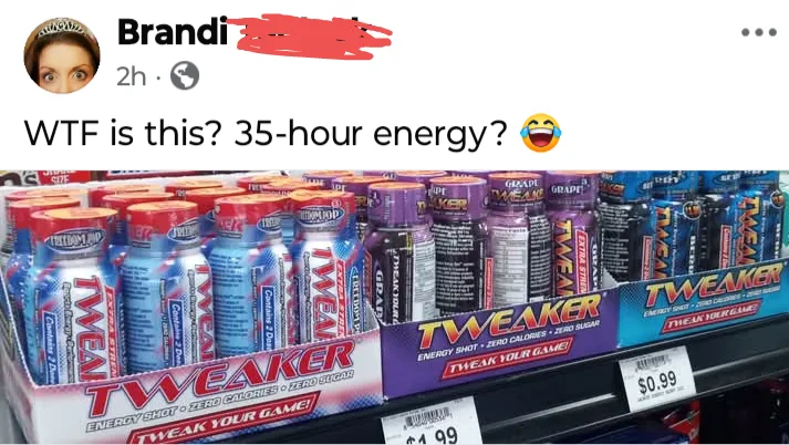 A social media post by 'Brandi' shows a store shelf stocked with 'Tweaker' energy shots, which are labeled as 'ZERO CALORIES…