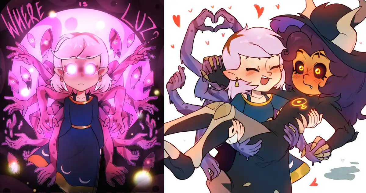 The image is split into two panels. Left: A character with glowing eyes and multiple pink tentacles behind her, with the…
