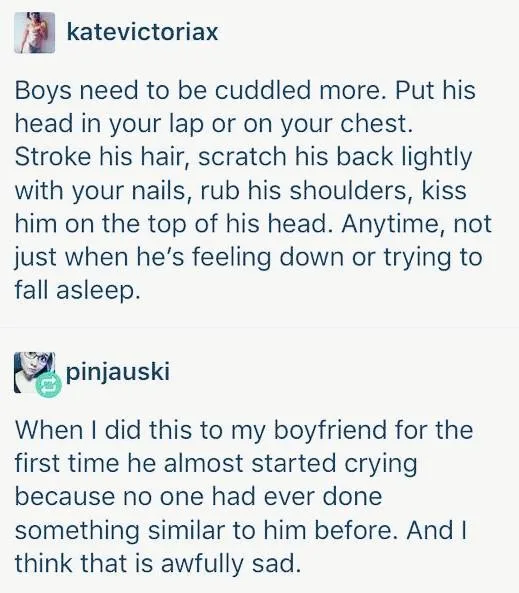 A screenshot of a social media conversation where one user advises cuddling boys with specific affectionate actions, and…