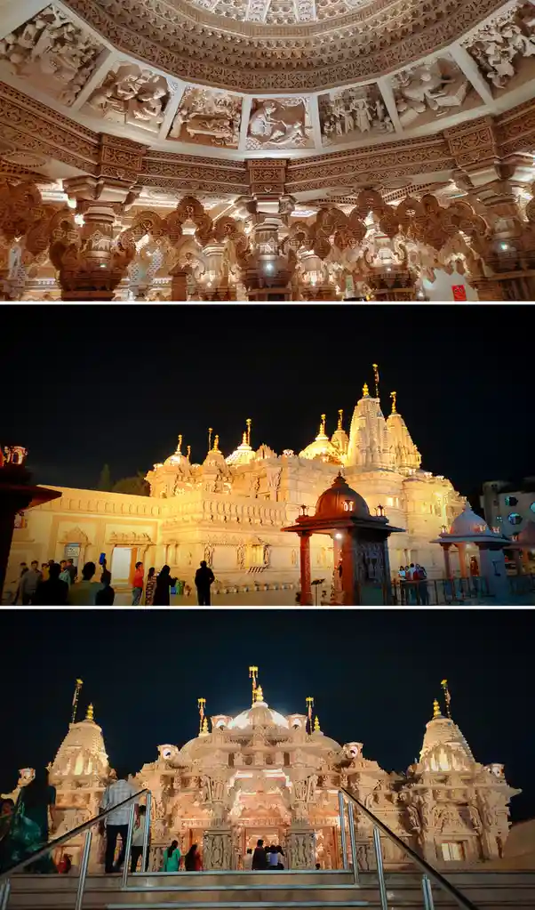 The image is a three-panel vertical collage showcasing a highly ornate, intricately carved temple at different angles and…