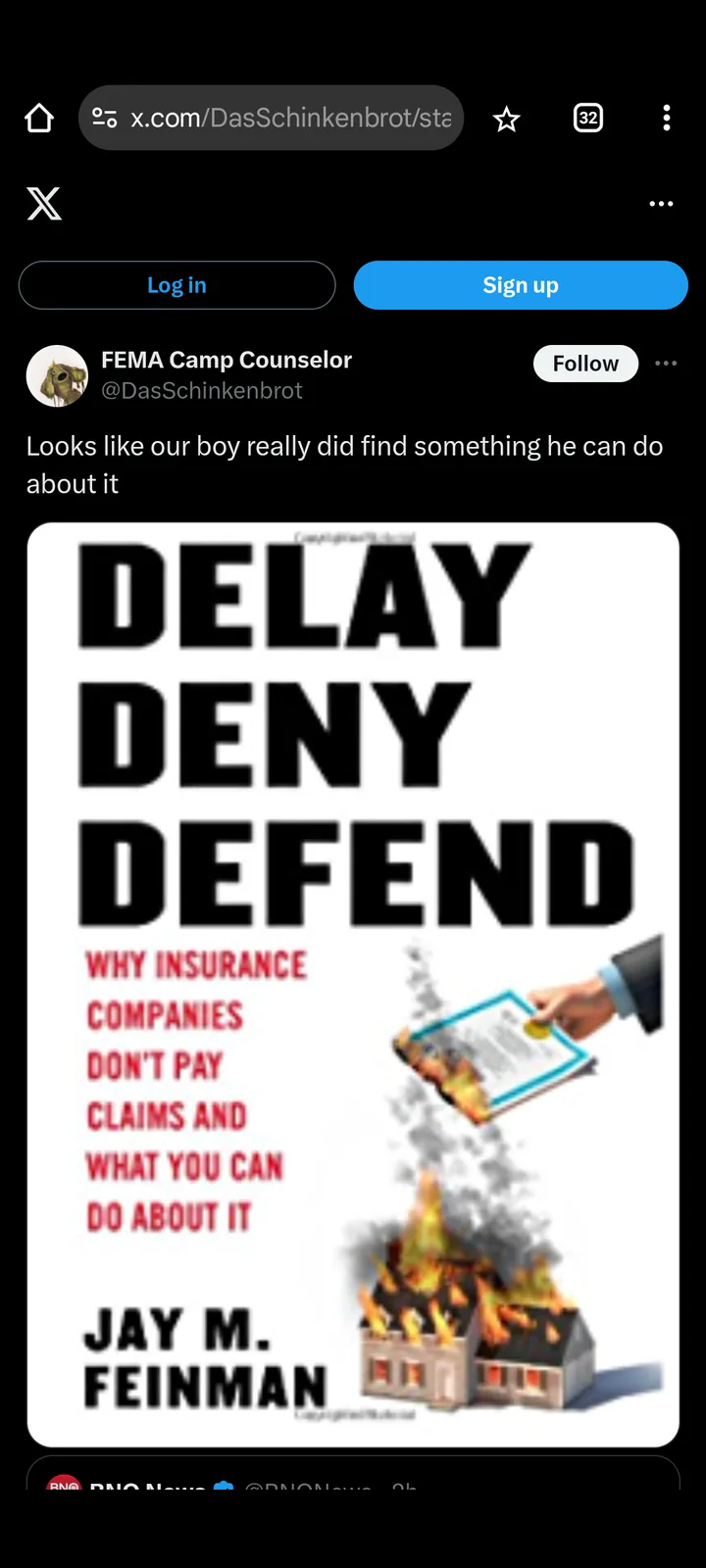 The image displays a book cover titled 'DELAY DENY DEFEND: WHY INSURANCE COMPANIES DON'T PAY CLAIMS AND WHAT YOU CAN DO…
